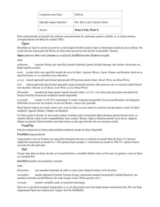 Lungimea unui fişier FileLen
Opera ii asupra fişierelor Dir, Kill, Lock, Unlock, Name
Scriere Print #, Put, Write #
Doar instruc iunile şi func iile des utilizate sunt prezentate în continuare, pentru celelalte se va studia intrarea
corespunzătoare din Help (în mediul VBA).
Open
Deschide un fişier în sensul că rezervă o zonă tampon (buffer) pentru fişier şi determină modul de acces utilizat. Nu
se pot efectua instruc iuni de I/O pe un fişier dacă acesta nu este deschis în prealabil. Sintaxa:
Open pathname For mode [Access access] [lock] As [#]filenumber [Len=reclength]
unde
pathname expresie String care specifică numele fişierului (poate include întreaga cale unitate, directoare etc.,
după regulile uzuale);
mode cuvânt cheie care specifică modul de acces la fişier: Append, Binary, Input, Output sau Random; dacă nu se
specifică nimic se va considera acces Random;
access clauză op ională specificând opera iunile I/O permise pentru fişier: Read, Write sau Read Write;
lock clauză op ională specificând opera iile asupra fişierului permise altor procese care se execută (când fişierul
este deschis): Shared, Lock Read, Lock Write şi Lock Read Write.
filenumber numărul de fişier pentru fişierul deschis (între 1 şi 511, vezi observa ia din partea introductivă);
func ia FreeFile furnizează următorul număr disponibil;
reclength număr (<=32,767) exprimând, în octe i, lungimea înregistrării (la aceesul Random) sau lungimea
bufferului (la accesul secven ial); la accesul Binary, clauza este ignorată.
Dacă fişierul indicat nu există, atunci este creat un fişier cu acest nume în cazurile care presupun o ieşire în fişier:
modurile Append, Binary, Output sau Random.
Un fişier poate fi deschis în mai multe moduri simultan (prin instruc iuni Open distincte pentru fiecare mod, cu
numere diferite) dacă există compatibilitate între moduri: Binary, Input şi Random permit acest lucru, Append,
Output nu permit (fişierul trebuie mai întâi închis şi abia apoi deschis într-un asemenea mod).
FreeFile
Func ia returnează un întreg reprezentând următorul număr de fişier disponibil.
FreeFile[(rangenumber)]
rangenumber este un Variant care specifică domeniul din care se solicită un număr liber de fişier: 0 (valoarea
implicită) returnează un număr în 1–255 (pentru fişiere proprii, 1 returnează un număr în 256–511 (pentru fişiere
accesate din alte aplica ii).
Get
Citeşte date dintr-un fişier deschis şi le transferă într-o variabilă. Datele citite cu Get sunt, în general, scrise în fişier
cu comanda Put.
Get [#]filenumber, [recnumber], varname
unde
filenumber este numărul fişierului de unde se citesc date (fişierul trebuie să fie deschis)
recnumber număr op ional în format Variant (Long), reprezintă numărul înregistrării (modul Random) sau
numărul octetului (modul Binary) de unde începe citirea. Prima pozi ie este 1.
varname numele variabilei unde se transferă informa ia.
Dacă nu se specifică numărul înregistrării se va citi din pozi ia activă de după ultima instruc iune Get, Put sau Seek.
Argumentul lipsă este indicat prin virgule: Get #4,,FileBuffer.
 