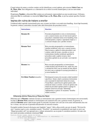 Corpul rutinei de tratare a erorilor con ine cod de identificare a erorii apărute, prin structuri Select Case sau
If...Then...Else. Este obligatoriu ca o alternativă să se refere la erorile neanticipate şi care nu sunt tratate
individual.
Proprietatea Number a obiectului Err con ine un cod numeric reprezentând cea mai recentă eroare. Utilizarea
obiectului Err în combina ie cu structurile Select Case sau If...Then...Else, se pot lua ac iuni specifice fiecărei
erori.
Ieşirea din rutina de tratare a erorilor
Următorul tabel cuprinde instruc iunile prin care se poate ieşi dintr-o secven ă error-handling. Acest fapt înseamnă,
în general, cedarea controlului execu iei către altă instruc iune din procedura activă.
Instruc iunea Descriere
Resume [0] Execu ia programului se reia cu instruc iunea
care a cauzat eroarea sau cel mai recent apel al
procedurii con inând rutina error-handling. Este
utilizată pentru a repeta o opera iune după ce s-
a corectat situa ia care a produs eroarea.
Resume Next Reia execu ia programului cu instruc iunea
imediat următoare celei care a cauzat eroarea.
Dacă eroarea a apărut în afara procedurii care
con ine codul de eroare, execu ia se reia cu
instruc iunea imediat următoare apelului la
procedura unde a apărut eroarea, dacă
procedura apelată nu are activată o secven ă de
eroare.
Resume line Reia execu ia programului cu instruc iunea
având eticheta specificată în line, unde line este
o etichetă de linie (sau un număr de linie diferit
de zero) care se găseşte în aceeaşi procedură ca
şi error-handler-ul.
Err:Raise Number:=number Declanşează eroarea de execu ie având numărul
specificat. Atunci când o asemenea instruc iune
este executată în interiorul rutinei de eroare,
Visual Basic caută lista de apeluri pentru altă
rutină de tratare a erorilor. (Lista de apeluri este
lan ul de proceduri apelate pentru a ajunge în
punctul curent de execu ie. Informa ii
suplimentare se găsesc în sec iunea "Ierarhia
tratării erorilor.)
Diferen a dintre Resume şi Resume Next
Diferen a este că Resume continuă execu ia cu instruc iunea care a generat eroarea (instruc iunea este reexecutată),
în timp ce Resume Next continuă cu instruc iunea care urmează celei care a generat eroarea. În general, se
utilizează Resume atunci când eroarea poate fi corectată. Se poate scrie cod care să nu arate utilizatorului căa avut
loc o eroare, sau cod care să permită utilizatorului să corecteze eroarea.
Exemplul următor încearcă efectuarea unei împăr iri "sigure", fără a afişa erorile care pot să apară: "Division by
zero" (numitor egal cu zero, numărător nenul), "Overflow" (şi numitorul şi numărătorul sunt egali cu zero) sau
"Illegal procedure call" (un operand este o valoare nenumerică, sau nu poate fi considerat numeric). In toate cele
trei cazuri procedura următoare returnează Null.
Function Divide (numer, denom) As Variant
Const mnErrDivByZero = 11, mnErrOverFlow = 6, mnErrBadCall = 5
On Error GoTo MathHandler
Divide = numer / denom
Exit Function
 