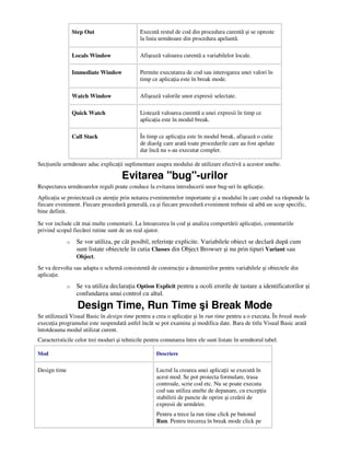 Step Out Execută restul de cod din procedura curentă şi se opreste
la linia următoare din procedura apelantă.
Locals Window Afişează valoarea curentă a variabilelor locale.
Immediate Window Permite executarea de cod sau interogarea unei valori în
timp ce aplica ia este în break mode.
Watch Window Afişează valorile unor expresii selectate.
Quick Watch Listează valoarea curentă a unei expresii în timp ce
aplica ia este în modul break.
Call Stack În timp ce aplica ia este în modul break, afişează o cutie
de diaolg care arată toate procedurile care au fost apelate
dar încă nu s-au executat complet.
Sec iunile următoare aduc explica ii suplimentare asupra modului de utilizare efectivă a acestor unelte.
Evitarea "bug"-urilor
Respectarea următoarelor reguli poate conduce la evitarea introducerii unor bug-uri în aplica ie.
Aplica ia se proiectează cu aten ie prin notarea evenimentelor importante şi a modului în care codul va răspunde la
fiecare eveniment. Fiecare procedură generală, ca şi fiecare procedură eveniment trebuie să aibă un scop specific,
bine definit.
Se vor include cât mai multe comentarii. La întoarcerea în cod şi analiza comportării aplica iei, comentariile
privind scopul fiecărei rutine sunt de un real ajutor.
o Se vor utiliza, pe cât posibil, referin e explicite. Variabilele obiect se declară după cum
sunt listate obiectele în cutia Classes din Object Browser şi nu prin tipuri Variant sau
Object.
Se va dezvolta sau adapta o schemă consistentă de construc ie a denumirilor pentru variabilele şi obiectele din
aplica ie.
o Se va utiliza declara ia Option Explicit pentru a ocoli erorile de tastare a identificatorilor şi
confundarea unui control cu altul.
Design Time, Run Time şi Break Mode
Se utilizează Visual Basic în design time pentru a crea o aplica ie şi în run time pentru a o executa. În break mode
execu ia programului este suspendată astfel încât se pot examina şi modifica date. Bara de titlu Visual Basic arată
întotdeauna modul utilizat curent.
Caracteristicile celor trei moduri şi tehnicile pentru comutarea între ele sunt listate în următorul tabel.
Mod Descriere
Design time Lucrul la crearea unei aplica ii se execută în
acest mod. Se pot proiecta formulare, trasa
controale, scrie cod etc. Nu se poate executa
cod sau utiliza unelte de depanare, cu excep ia
stabilirii de puncte de oprire şi creării de
expresii de urmărire.
Pentru a trece la run time click pe butonul
Run. Pentru trecerea în break mode click pe
 