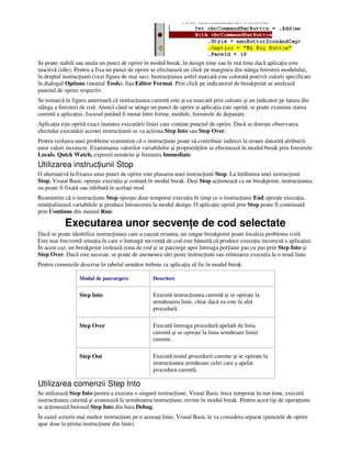 Se poate stabili sau anula un punct de oprire în modul break, în design time sau în run time dacă aplica ia este
inactivă (idle). Pentru a fixa un punct de oprire se efectuează un click pe marginea din stânga ferestrei modulului,
în dreptul instruc iunii (vezi figura de mai sus). Instruc iunea astfel marcată este colorată potrivit culorii specificate
în dialogul Options (meniul Tools), fişa Editor Format. Prin click pe indicatorul de breakpoint se anulează
punctul de oprire respectiv.
Se remarcă în figura anterioară că instruc iunea curentă este şi ea marcată prin culoare şi un indicator pe latura din
stânga a ferestrei de cod. Atunci când se atinge un punct de oprire şi aplica ia este oprită, se poate examina starea
curentă a aplica iei, focusul putând fi mutat între forme, module, ferestrele de depanare.
Aplica ia este oprită exact înaintea executării liniei care con ine punctul de oprire. Dacă se doreşte observarea
efectului executării acestei instruc iunii se va ac iona Step Into sau Step Over.
Pentru izolarea unei probleme reamintim că o instruc iune poate să contribuie indirect la eroare datorită atribuirii
unor valori incorecte. Examinarea valorilor variabilelor şi proprietă ilor se efectuează în modul break prin ferestrele
Locals, Quick Watch, expresii urmărite şi fereastra Immediate.
Utilizarea instruc iunii Stop
O alternativă la fixarea unui punct de oprire este plasarea unei instruc iuni Stop. La întâlnirea unei instruc iuni
Stop, Visual Basic opreşte execu ia şi comută în modul break. Deşi Stop ac ionează ca un breakpoint, instruc iunea
nu poate fi fixată sau inhibată în acelaşi mod.
Reamintim că o instruc iune Stop opreşte doar temporar execu ia în timp ce o instruc iune End opreşte execu ia,
reini ializează variabilele şi produce întoarcerea la modul design. O aplica ie oprită prin Stop poate fi continuată
prin Continue din meniul Run.
Executarea unor secven e de cod selectate
Dacă se poate identifica instruc iunea care a cauzat eroarea, un singur breakpoint poate localiza problema ivită.
Este mai frecventă situa ia în care o întreagă secven ă de cod este bănuită că produce execu ia incorectă a aplica iei.
În acest caz, un breakpoint izolează zona de cod şi se parcurge apoi întreaga por iune pas cu pas prin Step Into şi
Step Over. Dacă este necesar, se poate de asemenea sări peste instruc iuni sau reîntoarce execu ia la o nouă linie.
Pentru comenzile descrise în tabelul următor trebuie ca aplica ia să fie în modul break.
Modul de parcurgere Descriere
Step Into Execută instruc iunea curentă şi se opreşte la
următoarea linie, chiar dacă ea este în altă
procedură.
Step Over Execută întreaga procedură apelată de linia
curentă şi se opreşte la linia următoare liniei
curente.
Step Out Execută restul procedurii curente şi se opreşte la
instruc iunea următoare celei care a apelat
procedura curentă.
Utilizarea comenzii Step Into
Se utilizează Step Into pentru a executa o singură instruc iune. Visual Basic trece temporar în run time, execută
instruc iunea curentă şi avansează la următoarea instruc iune, revine în modul break. Pentru acest tip de opera iune
se ac ionează butonul Step Into din bara Debug.
În cazul scrierii mai multor instruc iuni pe o aceeaşi linie, Visual Basic le va considera separat (punctele de oprire
apar doar la prima instruc iune din linie).
 