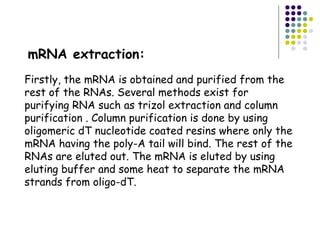 mRNA extraction:
Firstly, the mRNA is obtained and purified from the
rest of the RNAs. Several methods exist for
purifying RNA such as trizol extraction and column
purification . Column purification is done by using
oligomeric dT nucleotide coated resins where only the
mRNA having the poly-A tail will bind. The rest of the
RNAs are eluted out. The mRNA is eluted by using
eluting buffer and some heat to separate the mRNA
strands from oligo-dT.
 
