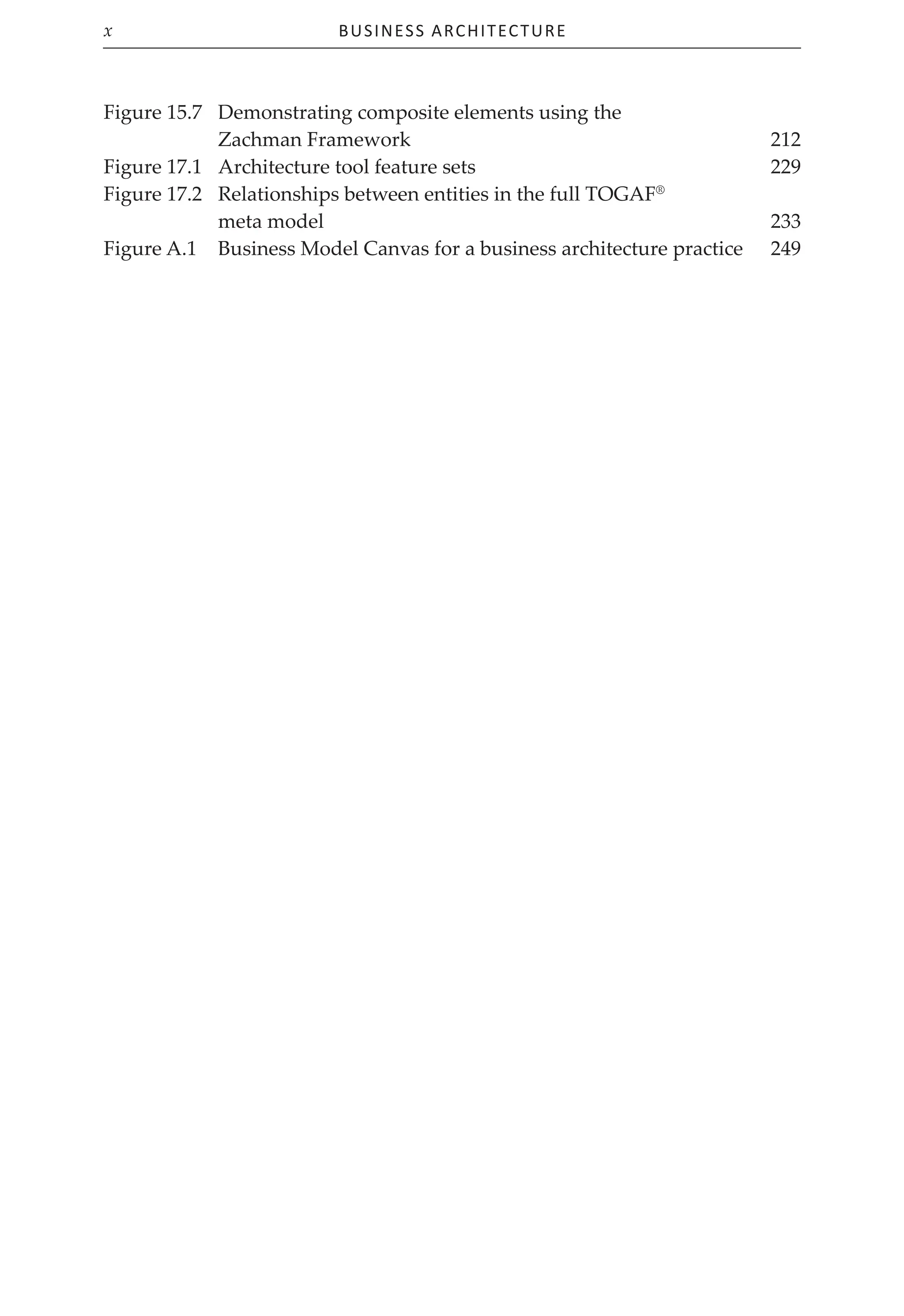 Business Architecture
x
Figure 15.7 Demonstrating composite elements using the
Zachman Framework 212
Figure 17.1 Architecture tool feature sets 229
Figure 17.2 Relationships between entities in the full TOGAF®
meta model 233
Figure A.1 Business Model Canvas for a business architecture practice 249
 