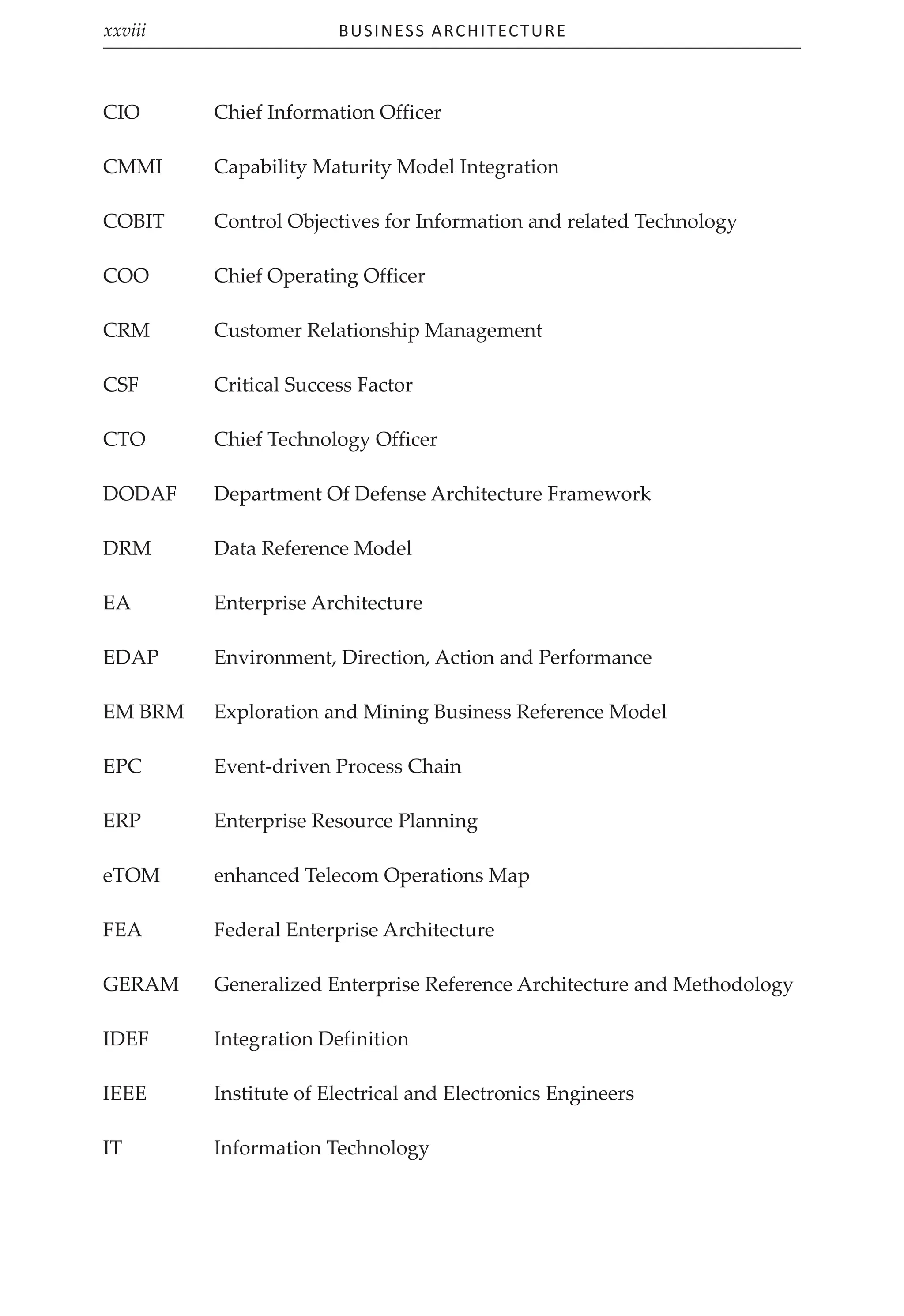 Business Architecture
xxviii
CIO Chief Information Officer
CMMI Capability Maturity Model Integration
COBIT Control Objectives for Information and related Technology
COO Chief Operating Officer
CRM Customer Relationship Management
CSF Critical Success Factor
CTO Chief Technology Officer
DODAF Department Of Defense Architecture Framework
DRM Data Reference Model
EA Enterprise Architecture
EDAP Environment, Direction, Action and Performance
EM BRM Exploration and Mining Business Reference Model
EPC Event-driven Process Chain
ERP Enterprise Resource Planning
eTOM enhanced Telecom Operations Map
FEA Federal Enterprise Architecture
GERAM Generalized Enterprise Reference Architecture and Methodology
IDEF Integration Definition
IEEE Institute of Electrical and Electronics Engineers
IT Information Technology
 
