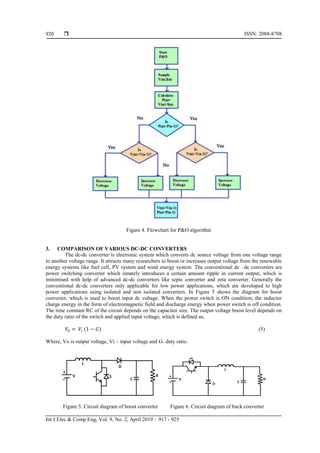  ISSN: 2088-8708
Int J Elec & Comp Eng, Vol. 9, No. 2, April 2019 : 917 - 925
920
Figure 4. Flowchart for P&O algorithm
3. COMPARISON OF VARIOUS DC-DC CONVERTERS
The dc-dc converter is electronic system which converts dc source voltage from one voltage range
to another voltage range. It attracts many researchers to boost or increases output voltage from the renewable
energy systems like fuel cell, PV system and wind energy system. The conventional dc –dc converters are
power switching converter which innately introduces a certain amount ripple in current output, which is
minimised with help of advanced dc-dc converters like sepic converter and zeta converter. Generally the
conventional dc-dc converters only applicable for low power applications, which are developed to high
power applications using isolated and non isolated converters. In Figure 5 shows the diagram for boost
converter, which is used to boost input dc voltage. When the power switch is ON condition, the inductor
charge energy in the form of electromagnetic field and discharge energy when power switch is off condition.
The time constant RC of the circuit depends on the capacitor size. The output voltage boost level depends on
the duty ratio of the switch and applied input voltage, which is defined as,
(5)
Where, Vo is output voltage, Vi – input voltage and G- duty ratio.
Figure 5. Circuit diagram of boost converter Figure 6. Circuit diagram of buck converter
 