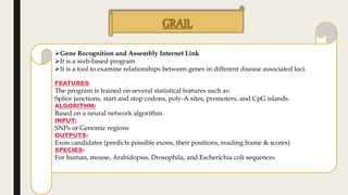 GRAIL
Gene Recognition and Assembly Internet Link
It is a web-based program
It is a tool to examine relationships between genes in different disease associated loci.
FEATURES:
The program is trained on several statistical features such as:
Splice junctions, start and stop codons, poly-A sites, promoters, and CpG islands.
ALGORITHM:
Based on a neural network algorithm.
INPUT:
SNPs or Genomic regions
OUTPUTS:
Exon candidates (predicts possible exons, their positions, reading frame & scores)
SPECIES:
For human, mouse, Arabidopsis, Drosophila, and Escherichia coli sequences
 
