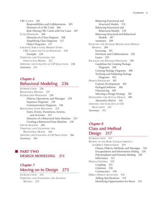 CRC CARDS 205
Responsibilities and Collaborations 205
Elements of a CRC Card 206
Role-Playing CRC Cards with Use Cases 207
CLASS DIAGRAMS 208
Elements of a Class Diagram 208
Simplifying Class Diagrams 217
Object Diagrams 217
CREATING STRUCTURAL MODELS USING
CRC CARDS AND CLASS DIAGRAMS 218
Example 220
VERIFYING AND VALIDATING THE
STRUCTURAL MODEL 227
APPLYING THE CONCEPTS AT CD SELECTIONS 230
Summary 231
C
Chapter 6
6
Behavioral M
Modeling
g 236
INTRODUCTION 236
BEHAVIORAL MODELS 237
INTERACTION DIAGRAMS 238
Objects, Operations, and Messages 238
Sequence Diagrams 238
Communication Diagrams 246
BEHAVIORAL STATE MACHINES 253
States, Events, Transitions, Actions,
and Activities 253
Elements of a Behavioral State Machine 255
Creating a Behavioral State Machine 258
CRUDE ANALYSIS 260
VERIFYING AND VALIDATING THE
BEHAVIORAL MODEL 264
APPLYING THE CONCEPTS AT CD SELECTIONS 266
Summary 266
■ PART TWO
DESIGN MODELING 271
Chapter 7
7
Moving o
on t
to D
Design
n 273
INTRODUCTION 274
VERIFYING AND VALIDATING THE ANALYSIS
MODELS 275
Balancing Functional and
Structural Models 276
Balancing Functional and
Behavioral Models 278
Balancing Structural and Behavioral
Models 287
Summary 289
EVOLVING THE ANALYSIS MODELS INTO DESIGN
MODELS 289
Factoring 291
Partitions and Collaborations 292
Layers 293
PACKAGES AND PACKAGE DIAGRAMS 296
Guidelines for Creating Package
Diagrams 298
Creating Package Diagrams 300
Verifying and Validating Package
Diagrams 302
DESIGN STRATEGIES 302
Custom Development 303
Packaged Software 304
Outsourcing 305
Selecting a Design Strategy 307
DEVELOPING THE ACTUAL DESIGN 309
Alternative Matrix 310
APPLYING THE CONCEPTS AT CD
SELECTIONS 311
Summary 311
Chapter 8
8
Class a
and M
Method
Design
n 317
7
INTRODUCTION 317
REVIEW OF THE BASIC CHARACTERISTICS
OF OBJECT ORIENTATION 319
Classes, Objects, Methods, and Messages 320
Encapsulation and Information Hiding 320
Polymorphism and Dynamic Binding 320
Inheritance 321
DESIGN CRITERIA 325
Coupling 325
Cohesion 328
Connascence 330
OBJECT DESIGN ACTIVITIES 331
Adding Speciﬁcations 332
Identifying Opportunities for Reuse 333
Contents v
 