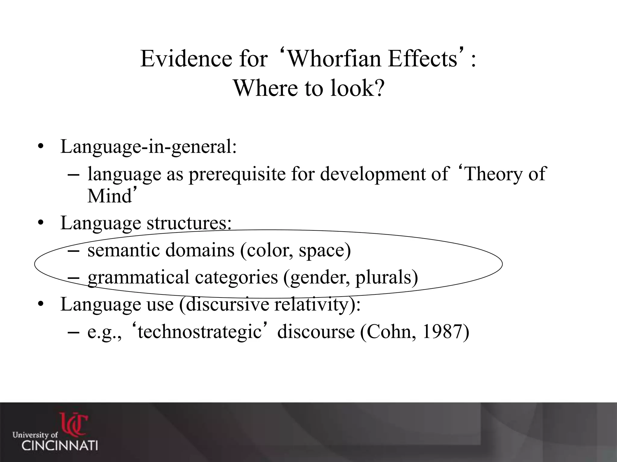 Evidence for ‘Whorfian Effects’:
Where to look?
• Language-in-general:
– language as prerequisite for development of ‘Theory of
Mind’
• Language structures:
– semantic domains (color, space)
– grammatical categories (gender, plurals)
• Language use (discursive relativity):
– e.g., ‘technostrategic’ discourse (Cohn, 1987)
 