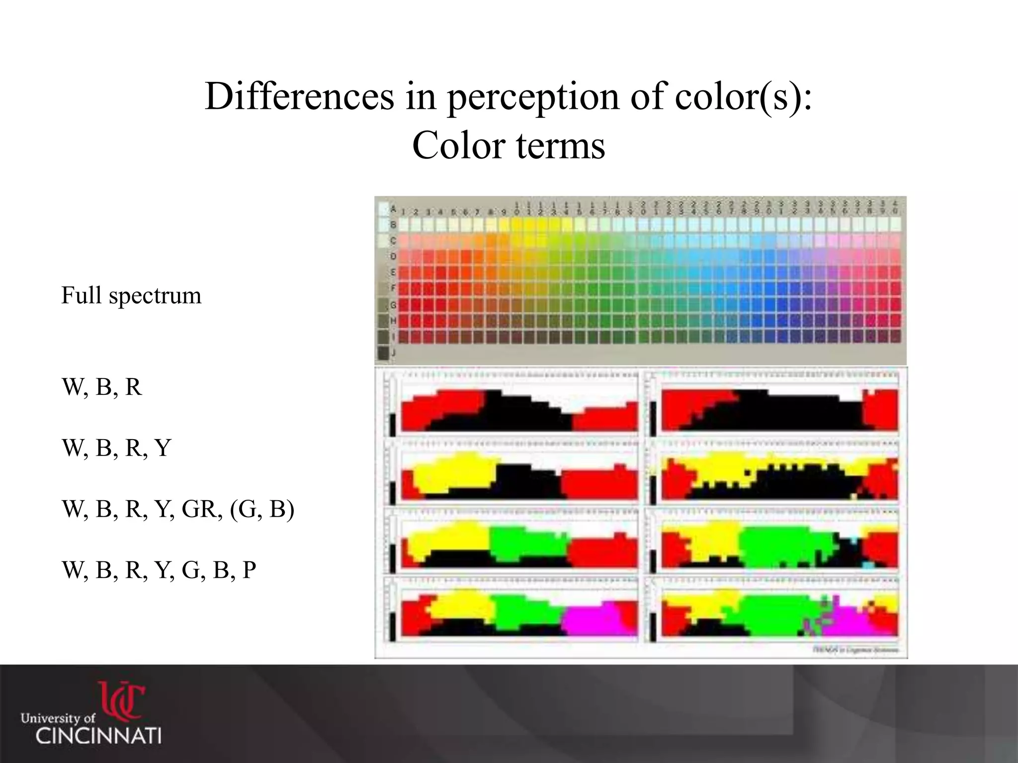 Differences in perception of color(s):
Color terms
Full spectrum
W, B, R
W, B, R, Y
W, B, R, Y, GR, (G, B)
W, B, R, Y, G, B, P
 