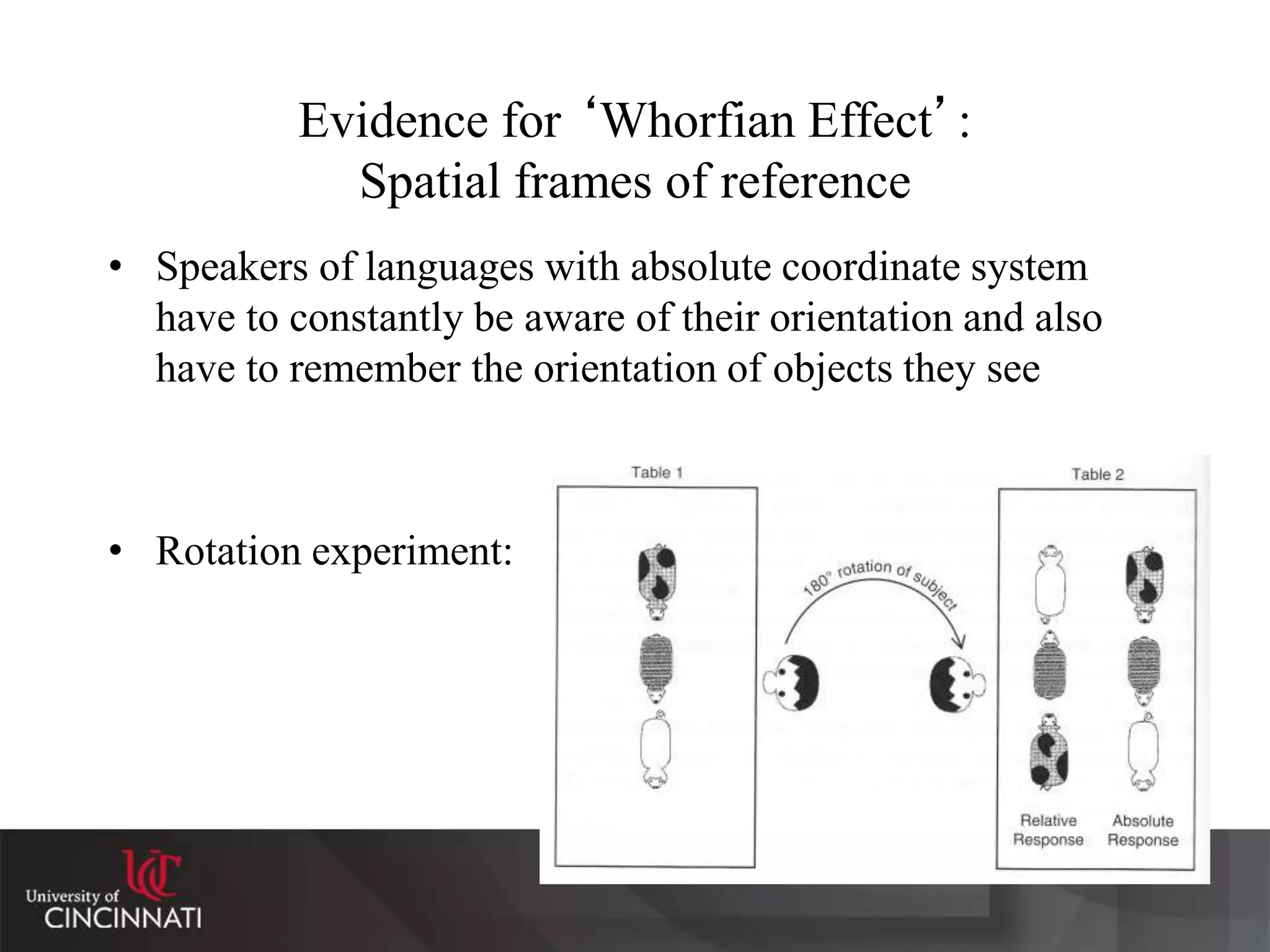 Evidence for ‘Whorfian Effect’:
Spatial frames of reference
• Speakers of languages with absolute coordinate system
have to constantly be aware of their orientation and also
have to remember the orientation of objects they see
• Rotation experiment:
 