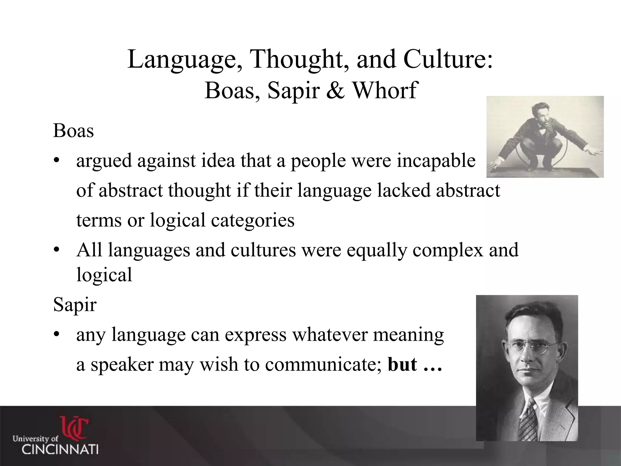 Language, Thought, and Culture:
Boas, Sapir & Whorf
Boas
• argued against idea that a people were incapable
of abstract thought if their language lacked abstract
terms or logical categories
• All languages and cultures were equally complex and
logical
Sapir
• any language can express whatever meaning
a speaker may wish to communicate; but …
 