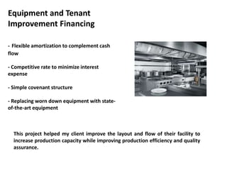Equipment and Tenant
Improvement Financing
- Flexible amortization to complement cash
flow
- Competitive rate to minimize interest
expense
- Simple covenant structure
- Replacing worn down equipment with state-
of-the-art equipment
This project helped my client improve the layout and flow of their facility to
increase production capacity while improving production efficiency and quality
assurance.
 