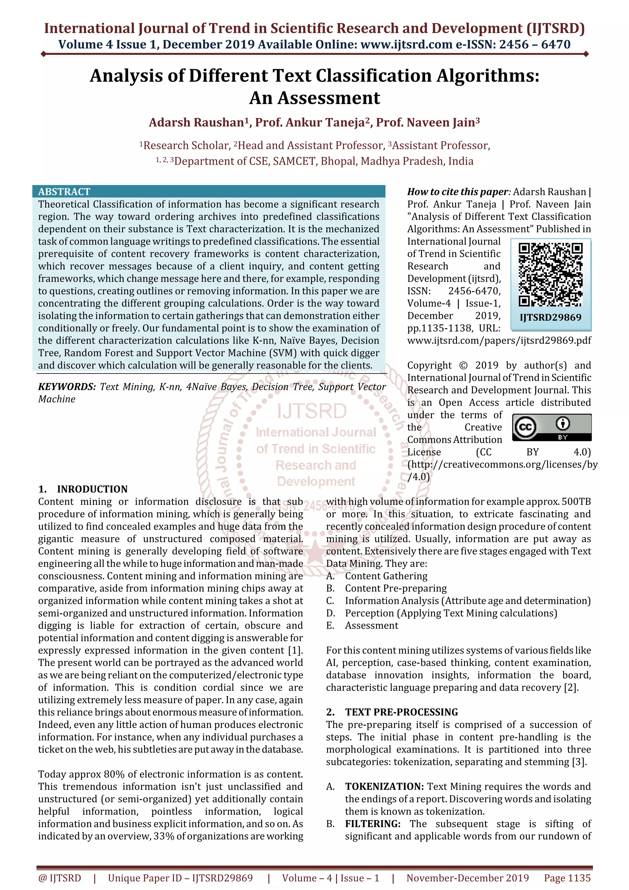 "Analysis of Different Text Classification Algorithms: An Assessment ...