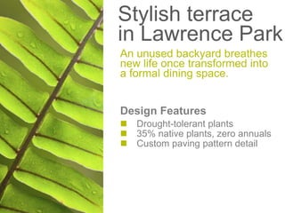 Stylish terracein Lawrence Park An unused backyard breathesnew life once transformed intoa formal dining space. Design Features n Drought-tolerant plantsn 35% native plants, zero annualsn Custom paving pattern detail 