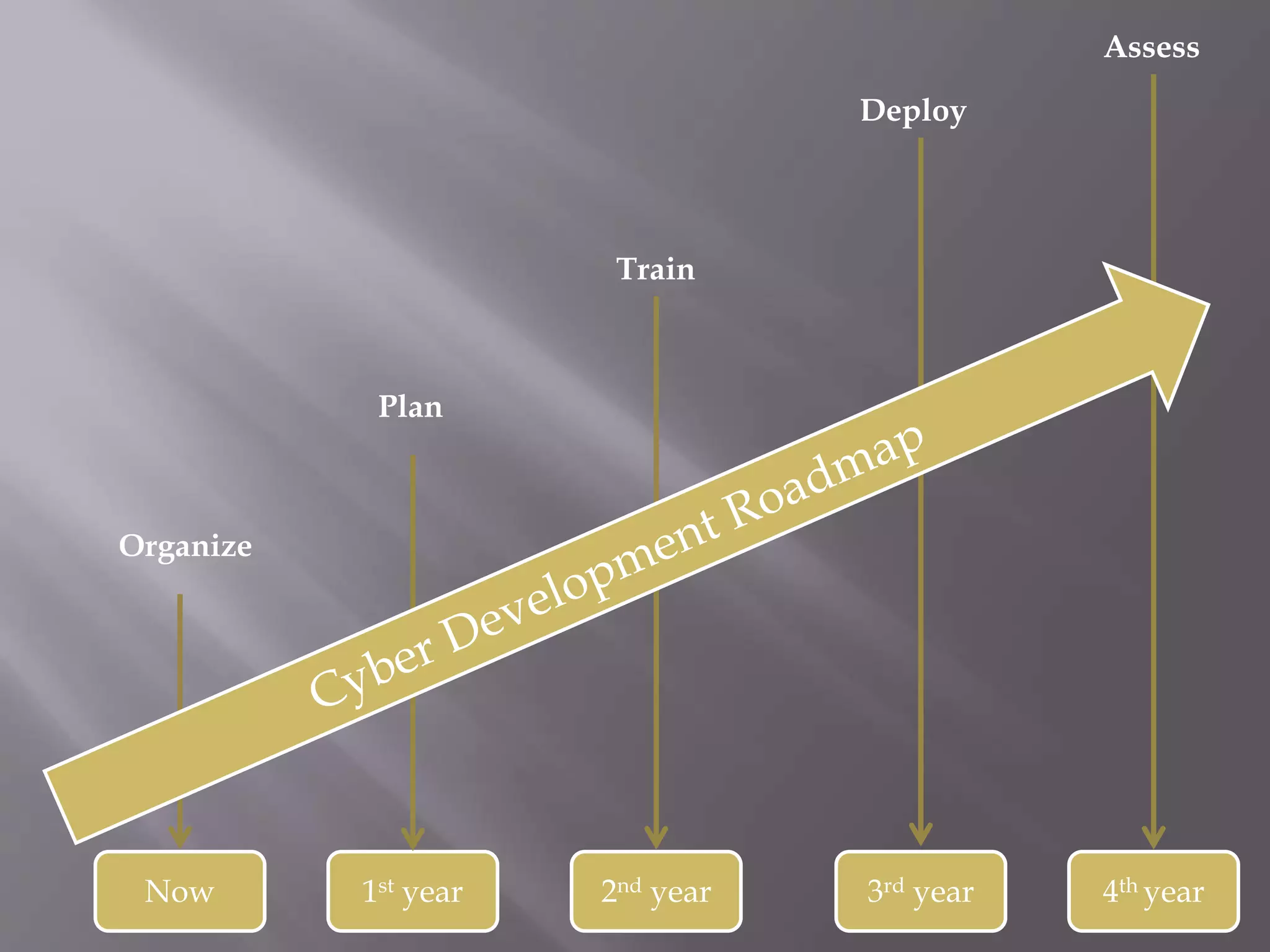 Now 1st year 2nd year 3rd year 4th year
Organize
Plan
Train
Deploy
Assess
 