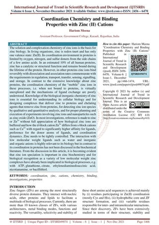 Coordination Chemistry and Binding Properties with Zinc II Cations | PDF