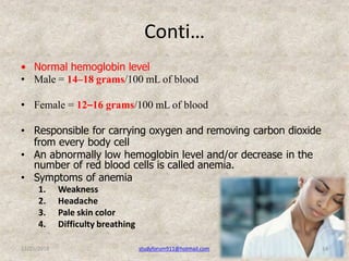 Conti…
• Normal hemoglobin level
• Male = 14–18 grams/100 mL of blood
• Female = 12–16 grams/100 mL of blood
• Responsible...