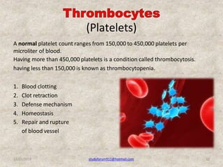 (Platelets)
A normal platelet count ranges from 150,000 to 450,000 platelets per
microliter of blood.
Having more than 450...