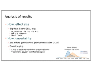 Analysis of results
• How: effect size
• Big data: Spark GLM, e.g.:
• is_conversion ~ T1 + T2 + T1 * T2
• family = "binomi...