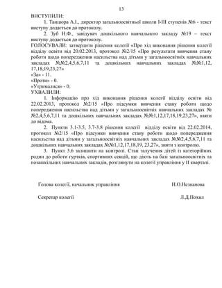 ВИСТУПИЛИ:
1. Танцюра А.І., директор загальноосвітньої школи І-ІІІ ступенів №6 - текст
виступу додається до протоколу.
2. Зуб Н.Ф., завідувач дошкільного навчального закладу №19 – текст
виступу додається до протоколу.
ГОЛОСУВАЛИ: затвердити рішення колегії «Про хід виконання рішення колегії
відділу освіти від 20.02.2013, протокол №2/15 «Про результати вивчення стану
роботи щодо попередження насильства над дітьми у загальноосвітніх навчальних
закладах №№2,4,5,6,7,11 та дошкільних навчальних закладах №№1,12,
17,18,19,23,27»
«За» - 11.
«Проти» - 0.
«Утрималися» - 0.
УХВАЛИЛИ:
1. Інформацію про хід виконання рішення колегії відділу освіти від
22.02.2013, протокол №2/15 «Про підсумки вивчення стану роботи щодо
попередження насильства над дітьми у загальноосвітніх навчальних закладах №
№2,4,5,6,7,11 та дошкільних навчальних закладах №№1,12,17,18,19,23,27», взяти
до відома.
2. Пункти 3.1-3.5, 3.7-3.8 рішення колегії відділу освіти від 22.02.2014,
протокол №2/15 «Про підсумки вивчення стану роботи щодо попередження
насильства над дітьми у загальноосвітніх навчальних закладах №№2,4,5,6,7,11 та
дошкільних навчальних закладах №№1,12,17,18,19, 23,27», зняти з контролю.
3. Пункт 3.6 залишити на контролі. Стан залучення дітей із категорійних
родин до роботи гуртків, спортивних секцій, що діють на базі загальноосвітніх та
позашкільних навчальних закладів, розглянути на колегії управління у ІІ кварталі.
Голова колегії, начальник управління Н.О.Незнанова
Секретар колегії Л.Д.Похил
13
 