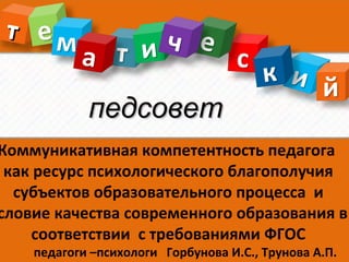 педсоветпедсовет
тт
Коммуникативная компетентность педагога
как ресурс психологического благополучия
субъектов образовательного процесса и
словие качества современного образования в
соответствии с требованиями ФГОС
педагоги –психологи Горбунова И.С., Трунова А.П.
 