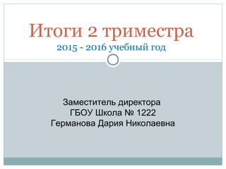 Итоги 2 триместра
2015 - 2016 учебный год
Заместитель директора
ГБОУ Школа № 1222
Германова Дария Николаевна
 