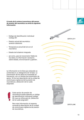 A través de la antena transmisora del sensor
de presión del neumático se emite la siguiente
información:




– Código de identiﬁcación individual
  (código ID)
                                                 SSP219_011
– Presión actual del neumático
  (presión absoluta)

– Temperatura actual del aire en el
  neumático

– Estado de la batería integrada

– así como, para la transmisión ﬁable de
  los datos, la información necesaria
  sobre estado, sincronización y gestión.




La información en la lista que antecede va
contenida en un datagrama de 12 byte. La
transmisión de los datos es modulada en
frecuencia, con un tiempo de transmisión de
aprox. 10 ms (ver descripción de la unidad de
control para vigilancia de la presión de
neumáticos y detección de la rueda
asignada).




       Cada sensor de presión de
       neumáticos posee además un código
       de identiﬁcación individual (código
       ID), que se utiliza para la „Detección
       de la rueda asignada“.

       Para más información al respecto
                                                 SSP219_046
       consulte la descripción de la unidad
       de control para vigilancia de presión
       de neumáticos.


                                                              13
 