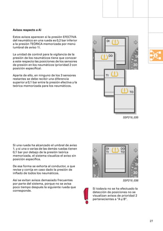 Avisos respecto a A)

Estos avisos aparecen si la presión EFECTIVA
del neumático en una rueda es 0,2 bar inferior               DI
a la presión TEÓRICA memorizada por menú
(umbral de aviso 1).

La unidad de control para la vigilancia de la                     DD
presión de los neumáticos tiene que conocer         6                               50
a este respecto las posiciones de los sensores                                     40
de presión en los neumáticos (prioridad 2 con                                   30
posición especíﬁca).                                7                              20

Aparte de ello, en ninguno de los 3 sensores                 TI
restantes se debe recibir una diferencia
superior a 0,1 bar entre la presión efectiva y la
teórica memorizada para los neumáticos.

                                                                              TD




                                                                         SSP219_035




Si una rueda ha alcanzado el umbral de aviso
1, y si una o varias de las demás ruedas tienen              DI        DD
0,1 bar por debajo de la presión teórica                     TI        TD
memorizada, el sistema visualiza el aviso sin
posición especíﬁca.

De esa forma se exhorta al conductor, a que         6                              50
                                                                                   40
revise y corrija en caso dado la presión de
inﬂado de todos los neumáticos.                                                 30
                                                    7                              20
Así se evitan avisos demasiado frecuentes                                SSP219_036
por parte del sistema, porque no se avisa
poco tiempo después la siguiente rueda que          Si todavía no se ha efectuado la
corresponde.                                        detección de posiciones no se
                                                    visualizan avisos de prioridad 2
                                                    pertenecientes a “A y B“.




                                                                                         27
 