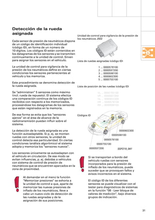 Detección de la rueda
asignada                                         Unidad de control para vigilancia de la presión de
                                                 los neumáticos J502
Cada sensor de presión de neumáticos dispone
de un código de identiﬁcación individual
(código ID), en forma de un número de
10 dígitos. Los códigos ID están contenidos en
los datagramas de los sensores y se transmiten
continuamente a la unidad de control. Sirven
para asignar los sensores en el vehículo.      Lista de ruedas asignadas (código ID)

La unidad de control para vigilancia de la                        1 … 0000578100
presión de los neumáticos deﬁne en ciertas                        2 … 0000597200
condiciones los sensores pertenecientes al                        3 … 0000598100
vehículo y los memoriza.                                          4 … 0000602300
                                                                  5 … 0000755100
Este procedimiento se denomina detección de
la rueda asignada.                          Lista de posición de las ruedas (código ID)

Se “administran“ 5 sensores como máximo                          VL … 0000755100
(incl. rueda de repuesto). El sistema efectúa                    VR … 0000597200
una comparación continua de los códigos ID                       HL … 0000602300
recibidos con respecto a los memorizados,                        HR … 0000578100
procesándose los datagramas de los sensores                      RR … 0000598100
que están registrados en la memoria.

De esa forma se evita que los “sensores          Códigos ID
ajenos” en el área de alcance de la                                       RETURN
                                                                                   MENUE




radiotransmisión puedan inﬂuir sobre el
                                                                                           INFO




sistema.

La detección de la rueda asignada es una                                                               0000602300
función autoadaptable. Si p. ej. se montan                                                        0000598100
ruedas con otros sensores, la unidad de
control detecta esa particularidad. En ciertas                         0000578100
condiciones (análisis algorítmico) el sistema                   0000755100
adopta y memoriza los “sensores nuevos”.
                                                          0000597200                                  SSP219_041
Los sensores únicamente se autoadaptan con
el vehículo en circulación. De ese modo se               Si se transportan a bordo del
evitan inﬂuencias, p. ej. debidas a vehículos            vehículo ruedas con sensores
con sistema de control de presión de                     incorporados para la presión de
neumáticos que se encuentren aparcados en la             inﬂado de los neumáticos, puede
zona de proximidad.
                                                         suceder que se provoquen fallos y
                                                         avisos incorrectos en el sistema.
        Al demandar en el menú la función
        “Memorizar presiones“ se exhorta a               El código ID de los diferentes
        la unidad de control a que, aparte de            sensores se puede visualizar con el
        memorizar las nuevas presiones de                tester para diagnósticos de sistemas
        inﬂado de los neumáticos, lleve a                en la función “08 - Leer bloque de
        cabo un nuevo ciclo de detección de              valores de medición“, bajo diversos
        las ruedas asignadas y de la                     grupos de indicación.
        asignación de sus posiciones.


                                                                                                                    31
 