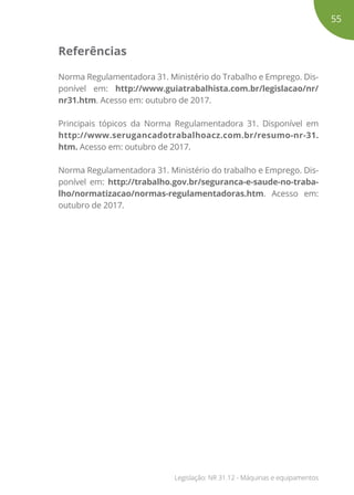 Referências
Norma Regulamentadora 31. Ministério do Trabalho e Emprego. Dis-
ponível em: http://www.guiatrabalhista.com.br/legislacao/nr/
nr31.htm. Acesso em: outubro de 2017.
Principais tópicos da Norma Regulamentadora 31. Disponível em
http://www.serugancadotrabalhoacz.com.br/resumo-nr-31.
htm. Acesso em: outubro de 2017.
Norma Regulamentadora 31. Ministério do trabalho e Emprego. Dis-
ponível em: http://trabalho.gov.br/seguranca-e-saude-no-traba-
lho/normatizacao/normas-regulamentadoras.htm. Acesso em:
outubro de 2017.
55
Legislação: NR 31.12 - Máquinas e equipamentos
 