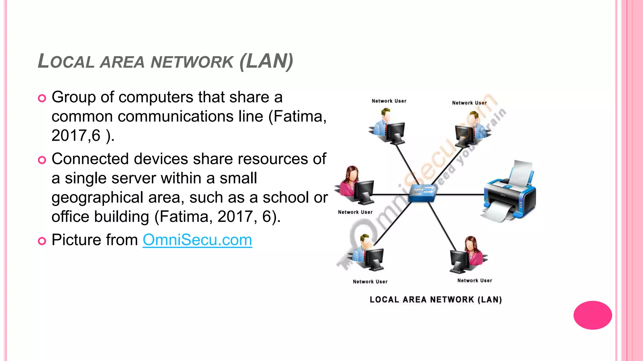 LOCAL AREA NETWORK (LAN)
 Group of computers that share a
common communications line (Fatima,
2017,6 ).
 Connected devices share resources of
a single server within a small
geographical area, such as a school or
office building (Fatima, 2017, 6).
 Picture from OmniSecu.com
 