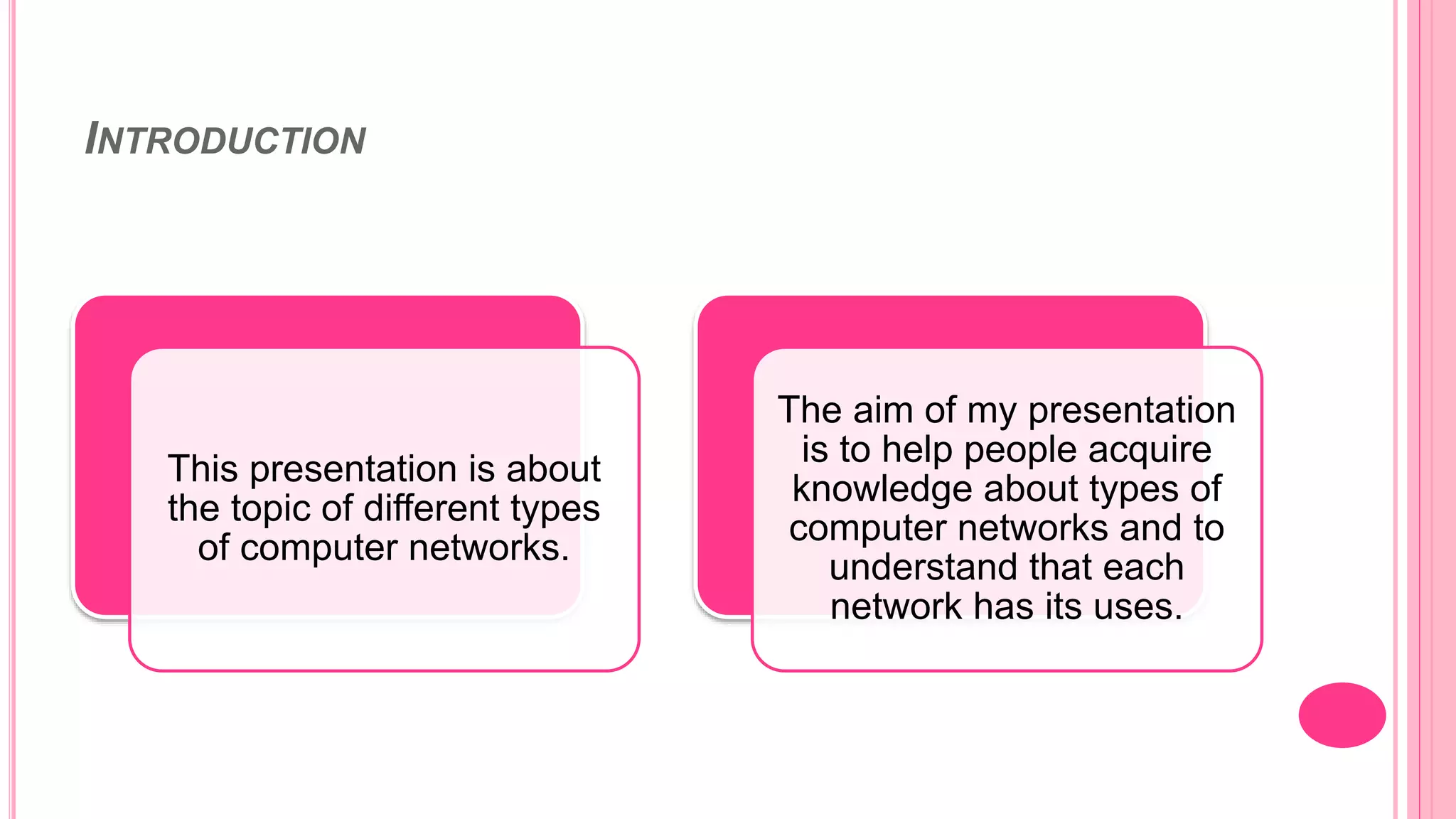 INTRODUCTION
This presentation is about
the topic of different types
of computer networks.
The aim of my presentation
is to help people acquire
knowledge about types of
computer networks and to
understand that each
network has its uses.
 