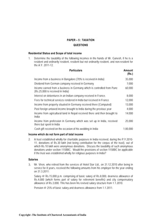 PAPER – 5 : TAXATION
                                                 QUESTIONS

        Residential Status and Scope of total income
        1.   Determine the taxability of the following incomes in the hands of Mr. Ganesh, if he is a
             resident and ordinarily resident, resident but not ordinarily resident, and non-resident for
             the A.Y. 2011-12.
                                             Particulars                                        Amount
                                                                                                  (Rs.)
             Income from a business in Bangalore (70% is received in India)                      35,000
             Dividend from German company received in Germany                                      7,000
             Income earned from a business in Germany which is controlled from Pune              60,000
             (Rs.25,000 is received in India)
             Interest on debentures in an Indian company received in France.                       8,000
             Fees for technical services rendered in India but received in France                12,000
             Income from property situated in Germany received there (Computed)                   13,000
             Past foreign untaxed income brought to India during the previous year                 4,000
             Income from agricultural land in Nepal received there and then brought to           14,000
             India
             Income from profession in Germany which was set up in India, received               25,000
             there but spent in India
             Cash gift received on the occasion of his wedding in India                         1,00,000
        Income which do not form part of total income
        2.   A trust established wholly for charitable purposes in India received, during the P.Y.2010-
             11, donations of Rs.30 lakh (not being contribution for the corpus of the trust), out of
             which Rs.10 lakh were anonymous donations. Discuss the taxability of such anonymous
             donations under section 115BBC. Would the provisions of section 115BBC be applicable
             if the trust was established wholly for religious purposes in India?

        Salaries
        3.   Mr. Viren, who retired from the services of Hotel Star Ltd., on 31.12.2010 after being in
             service for 8 years, received the following amounts from his employer for the year ending
             on 31.3.2011:
             Salary @ Rs.15,000 p.m. comprising of basic salary of Rs.8,000, dearness allowance of
             Rs.4,000 (which forms part of salary for retirement benefits) and city compensatory
             allowance of Rs.3,000. This has been his revised salary structure from 1.1.2010.
             Pension @ 25% of basic salary and dearness allowance from 1.1.2011.




Copyright -The Institute of Chartered Accountants of India
 