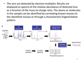 • The ions are detected by electron multiplier. Results are
displayed as spectra of the relative abundance of detected ions
as a function of the mass-to-charge ratio. The atoms or molecules
in the sample can be identified by correlating known masses to
the identified masses or through a characteristic fragmentation
pattern.
29
 