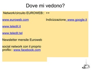  Network/circuito EUROWEB::  www.euroweb.com  www.teledit.it  www.teledit.tel  Newsletter mensile Euroweb  social network con il proprio profilo::  www.facebook.com    ++  Indicizzazione : www.google.it  Dove mi vedono? 