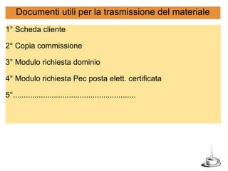 Documenti utili per la trasmissione del materiale 1° Scheda cliente  2° Copia commissione  3° Modulo richiesta dominio  4° Modulo richiesta Pec posta elett. certificata  5°.........................................................  