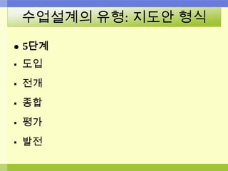 수업설계의 유형: 지도안 형식
 5단계
 도입
 전개
 종합
 평가
 발전
 