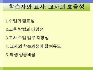 학습자와 교사: 교사의 효율성
1 수업의 명료성
2.교육 방법의 다양성
3.교사 수업 업무 지향성
4. 교사의 학습과정에 참여유도
5. 학생 성공비율
 