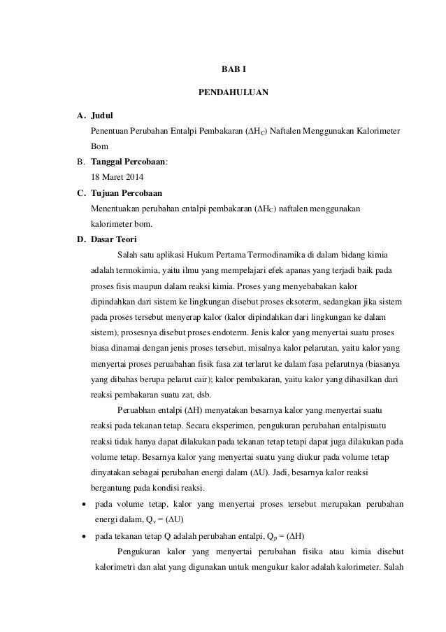 Laporan Praktikum Penentuan Perubahan Entalpi Pembakara Laprak