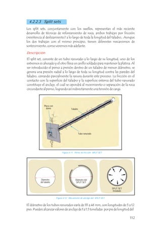 4.2.2.3 Split sets
Descripción
El split set, consiste de un tubo ranurado a lo largo de su longitud, uno de los
extremos es ahusado y el otro lleva un anillo soldado para mantener la platina. Al
ser introducido el perno a presión dentro de un taladro de menor diámetro, se
genera una presión radial a lo largo de toda su longitud contra las paredes del
taladro, cerrando parcialmente la ranura durante este proceso. La fricción en el
contacto con la superficie del taladro y la superficie externa del tubo ranurado
constituye el anclaje, el cual se opondrá al movimiento o separación de la roca
circundante al perno, logrando así indirectamente una tensión de carga.
Los split sets, conjuntamente con los swellex, representan el más reciente
desarrollo de técnicas de reforzamiento de roca, ambos trabajan por fricción
(resistencia al deslizamiento) a lo largo de toda la longitud del taladro,. Aunque
los dos trabajan con el mismo principio, tienen diferentes mecanismos de
sostenimiento, como veremos más adelante.
Placa con
domo Taladro
Tubo ranurado
Diámetro
del taladro
Diámetro del
SPLIT SET
SPLIT SET
Instalado
Figura 4.12 Mecanismo de anclaje del SPLIT SET.
El diámetro de los tubos ranurados varía de 35 a 46 mm, con longitudes de 5 a 12
pies. Pueden alcanzar valores de anclaje de 1 a 1.5 toneladas por pie de longitud del
Figura 4.11 Perno de fricción SPLIT SET.
112
 