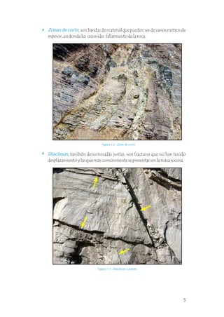 , también denominadas juntas, son fracturas que no han tenido
desplazamiento y las que más comúnmente se presentan en la masa rocosa.
Diaclasas
, son bandas de material que pueden ser de varios metros de
espesor, en donde ha ocurrido fallamiento de la roca.
Zonas de corte
Figura 1.6 Zona de corte.
Figura 1.7 Diaclasas o juntas.
5
 