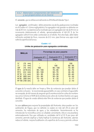 ¾” (19 mm)
½” (12 mm)
3/8” (10 mm)
Nº 4 (4.75 mm)
Nº 8 (2.4 mm)
Nº 16 (1.2 mm)
Nº 30 (600 Um)
Nº 50 (300 Um)
Nº 100 (150 Um)
-
-
100
95 - 100
80 - 100
50 - 85
25 - 60
10 - 30
2 - 10
-
100
90 - 100
70 - 85
50 - 70
35 - 55
20 - 35
8 - 20
2 - 10
100
80 - 95
70 - 90
50 - 70
35 - 55
20 - 40
10 - 30
5 - 17
2 - 10
El agua de la mezcla debe ser limpia y libre de sustancias que puedan dañar al
concreto o al acero. Se recomienda agua potable, en caso contrario el agua debe
ser ensayada, de tal manera de asegurar que la resistencia de los cubos de mortero
sea como mínimo el 90% de la resistencia de cubos de mortero hechos con agua
destilada. El agua de curado deberá estar libre de sustancias que puedan dañar el
concreto.
Se usan aditivos para mejorar las propiedades del shotcrete, éstos pueden ser: los
acelerantes de fragua, que no deberán se usados en más del 2% en peso del
cemento; los reductores de agua; y los retardantes. Recientemente se ha
introducido la microsílica como un añadido cementante, ésta es una puzolana
extremadamente fina que utilizada en cantidades del 8 al 13 % por peso del
cemento, permite duplicar y hasta triplicar la resistencia del shotcrete, además
reduce el rebote, mejora la adhesión a la superficie de la roca y permite colocar
agua
aditivos
4.6.2 Materiales componentes del shotcrete
y sus proporciones en la mezcla
El cemento que se utiliza normalmente es el Pórtland Estándar Tipo I.
Los agregados combinados deben presentar una de las graduaciones mostradas
en el Cuadro 4.1. Cómo regla práctica, los agregados más grandes no deberían ser
más de 16 mm. La experiencia ha mostrado que con agregados de más de 16 mm se
incrementa drásticamente el rebote, aproximadamente el 60-70 % de los
agregados sobre 8 mm están contenidos en el rebote. Por otro lado, debe haber
suficiente cantidad de finos, menores de 0.2 mm, para formar una capa inicial
sobre la superficie de la roca.
cemento
agregados
Cuadro 4.1
Límites de graduación para agregados combinados
Porcentaje de peso pasante
Graduación Nº 3
Grueso
Graduación Nº 1
Fino
Graduación Nº 2
Medio
MALLA
130
 