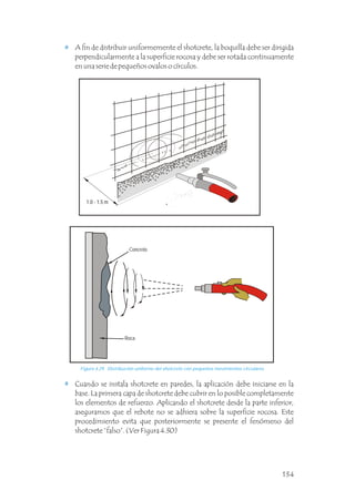 Cuando se instala shotcrete en paredes, la aplicación debe iniciarse en la
base. La primera capa de shotcrete debe cubrir en lo posible completamente
los elementos de refuerzo. Aplicando el shotcrete desde la parte inferior,
aseguramos que el rebote no se adhiera sobre la superficie rocosa. Este
procedimiento evita que posteriormente se presente el fenómeno del
shotcrete “falso”. (Ver Figura 4.30)
A fin de distribuir uniformemente el shotcrete, la boquilla debe ser dirigida
perpendicularmente a la superficie rocosa y debe ser rotada continuamente
en una serie de pequeños ovalos o círculos.
Concreto
Roca
Figura 4.29 Distribución uniforme del shotcrete con pequeños movimientos circulares.
1.0 - 1.5 m
134
 