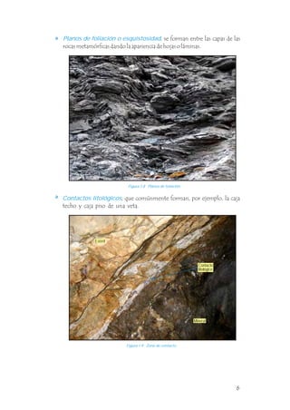 , que comúnmente forman, por ejemplo, la caja
techo y caja piso de una veta.
Contactos litológicos
, se forman entre las capas de las
rocas metamórficas dando la apariencia de hojas o láminas.
Planos de foliación o esquistosidad
Figura 1.8 Planos de foliación.
Figura 1.9 Zona de contacto.
Estéril
Mineral
Contacto
litológico
6
 