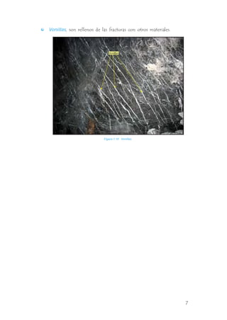 Venillas, son rellenos de las fracturas con otros materiales.
Figura 1.10 Venillas
Venillas
7
 