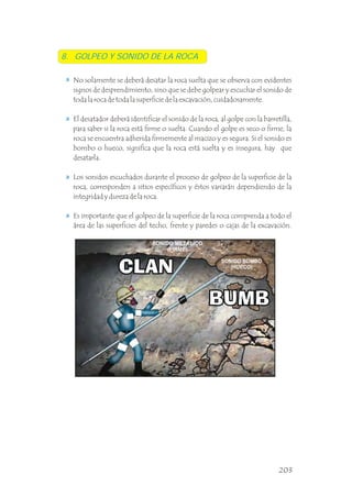 8. GOLPEO Y SONIDO DE LA ROCA
No solamente se deberá desatar la roca suelta que se observa con evidentes
signos de desprendimiento, sino que se debe golpear y escuchar el sonido de
toda la roca de toda la superficie de la excavación, cuidadosamente.
El desatador deberá identificar el sonido de la roca, al golpe con la barretilla,
para saber si la roca está firme o suelta. Cuando el golpe es seco o firme, la
roca se encuentra adherida firmemente al macizo y es segura. Si el sonido es
bombo o hueco, significa que la roca está suelta y es insegura, hay que
desatarla.
Los sonidos escuchados durante el proceso de golpeo de la superficie de la
roca, corresponden a sitios específicos y éstos variarán dependiendo de la
integridad y dureza de la roca.
Es importante que el golpeo de la superficie de la roca comprenda a todo el
área de las superficies del techo, frente y paredes o cajas de la excavación.
203
 