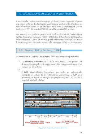 1.9 CLASIFICACIÓN GEOMECÁNICA DE LA MASA ROCOSA
Por su simplicidad y utilidad, presentamos aquí los criterios RMR (Valoración de
la Masa Rocosa) de Bieniawski (1989) y GSI (Índice de Resistencia Geológica) de
Hoek y Marinos(2000), los mismos que se determinan utilizando los datos de
los mapeos geomecánicos efectuados en las paredes de las labores mineras o en
Se presenta en el Cuadro 1.1. Este criterio toma en cuenta cinco parámetros:
1.9.1 El criterio RMR de Bieniawski (1989)
La resistencia compresiva (Rc) de la roca intacta, que puede ser
determinada con golpes de picota o con otros procedimientos como los
ensayos de laboratorio.
El RQD (Rock Quality Designation), que puede ser determinado
utilizando los testigos de las perforaciones diamantinas. El RQD es el
porcentaje de trozos de testigos recuperados mayores a 10 cm, de la
longitud total del taladro.
.
La resistencia compresiva (Rc)
RQD
1.
1.
2.
2.
Para definir las condiciones de la masa rocosa de una manera sistemática, hoy en
día existen criterios de clasificación geomecánica ampliamente difundidos en
todo el mundo, como los desarrollados por Barton y colaboradores (1974),
Laubscher (1977), Bieniawski (1989), Hoek y Marinos (2000) y otros.
testigos 10cm.
110
longitud del taladro
x 100% = 80%
M
V
I
25 cm. 12 cm. 14 cm. 5 cm. 9 cm. 12 cm. 25cm. 8cm.
RQD= RQD=
25+12+14+12+25
Figura 1.29 Testigos de perforación diamantina.
23
 