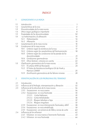 I
1 CONOCIENDO A LA ROCA
1.1 Introducción
1.2 Características de la roca
1.3 Discontinuidades de la masa rocosa
1.4 Otros rasgos geológicos importante
1.5 Propiedades de las discontinuidades
1.6 La meteorización y la alteración
1.6.1 Meteorización
1.6.2 Alteración
1.7 Caracterización de la masa rocosa
1.8 Condiciones de la masa rocosa
1.8.1 Criterios según la resistencia de la roca
1.8.2 Criterios según las características del fracturamiento
1.8.3 Criterios según las condiciones de las paredes de las
discontinuidades
1.8.4 Condiciones geomecánicas
1.8.5 Otros factores a tenerse en cuenta
1.9 Clasificación geomecánica de la masa rocosa
1.9.1 El criterio RMR de Bieniawski
1.9.2 El Índice de Resistencia Geológica GSI de Hoek y
Marinos (2000)
1.9.3 Zonificación geomecánica de las labores mineras
1 CONOCIENDO A LA ROCA
1
2
4
8
10
14
14
15
16
17
17
18
21
21
22
23
23
25
28
2 IDENTIFICACIÓN DE LOS PROBLEMAS DEL TERRENO
2.1 Introducción
2.2 Influencia de la litología, intemperización y alteración
2.3 Influencia de la estructura de la masa rocosa
2.3.1 Excavaciones en roca masiva
2.3.2 Excavaciones en roca fracturada
2.3.2.1. Cuñas biplanares
2.3.2.2. Cuñas tetrahedrales
2.3.2.3. Bloques tabulares o lajas
2.3.2.4. Bloques irregulares
2.3.3 Excavaciones en roca intensamente fracturada y débil
2.3.4 Excavaciones en roca estratificada
2.3.5 Excavaciones con presencia de fallas y zonas de corte
2.4 Influencia de los esfuerzos
2.4.1 Esfuerzos en roca masiva o levemente fracturada
2.4.2 Esfuerzos en roca fracturada
2 IDENTIFICACIÓN DE LOS PROBLEMAS DEL TERRENO
31
32
34
34
35
35
36
37
37
38
39
40
42
43
44
ÍNDICE
 