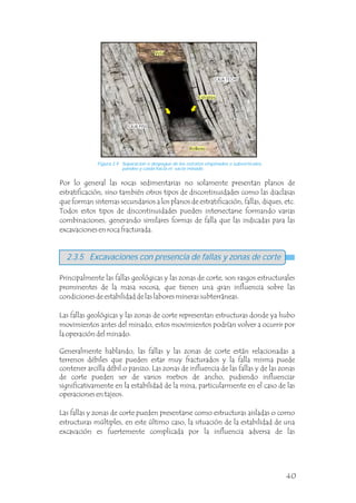 Por lo general las rocas sedimentarias no solamente presentan planos de
estratificación, sino también otros tipos de discontinuidades como las diaclasas
que forman sistemas secundarios a los planos de estratificación, fallas, diques, etc.
Todos estos tipos de discontinuidades pueden intersectarse formando varias
combinaciones, generando similares formas de falla que las indicadas para las
excavaciones en roca fracturada.
Principalmente las fallas geológicas y las zonas de corte, son rasgos estructurales
prominentes de la masa rocosa, que tienen una gran influencia sobre las
condiciones de estabilidad de las labores mineras subterráneas.
Las fallas geológicas y las zonas de corte representan estructuras donde ya hubo
movimientos antes del minado, estos movimientos podrían volver a ocurrir por
la operación del minado.
Generalmente hablando, las fallas y las zonas de corte están relacionadas a
terrenos débiles que pueden estar muy fracturados y la falla misma puede
contener arcilla débil o panizo. Las zonas de influencia de las fallas y de las zonas
de corte pueden ser de varios metros de ancho, pudiendo influenciar
significativamente en la estabilidad de la mina, particularmente en el caso de las
operaciones en tajeos.
Las fallas y zonas de corte pueden presentarse como estructuras aisladas o como
estructuras múltiples, en este último caso, la situación de la estabilidad de una
excavación es fuertemente complicada por la influencia adversa de las
2.3.5 Excavaciones con presencia de fallas y zonas de corte
Figura 2.9 Separación o despegue de los estratos empinados o subverticales,
pandeo y caída hacia el vacío minado.
Estratos
Relleno
Veta
CAJA TECHO
CAJA PISO
40
 