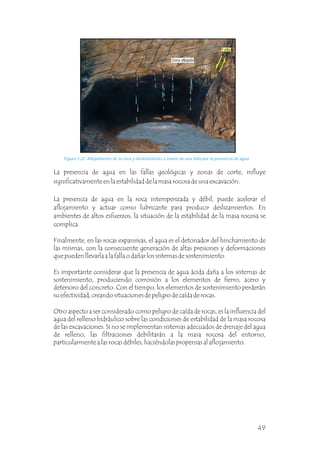 La presencia de agua en las fallas geológicas y zonas de corte, influye
significativamente en la estabilidad de la masa rocosa de una excavación.
La presencia de agua en la roca intemperizada y débil, puede acelerar el
aflojamiento y actuar como lubricante para producir deslizamientos. En
ambientes de altos esfuerzos, la situación de la estabilidad de la masa rocosa se
complica.
Finalmente, en las rocas expansivas, el agua es el detonador del hinchamiento de
las mismas, con la consecuente generación de altas presiones y deformaciones
que pueden llevarla a la falla o dañar los sistemas de sostenimiento.
Es importante considerar que la presencia de agua ácida daña a los sistemas de
sostenimiento, produciendo corrosión a los elementos de fierro, acero y
deterioro del concreto. Con el tiempo, los elementos de sostenimiento perderán
su efectividad, creando situaciones de peligro de caída de rocas.
Otro aspecto a ser considerado como peligro de caída de rocas, es la influencia del
agua del relleno hidráulico sobre las condiciones de estabilidad de la masa rocosa
de las excavaciones. Si no se implementan sistemas adecuados de drenaje del agua
de relleno, las filtraciones debilitarán a la masa rocosa del entorno,
particularmente a las rocas débiles, haciéndolas propensas al aflojamiento.
Figura 2.22 Aflojamiento de la roca y deslizamiento a través de una falla por la presencia de agua.
Zona aflojada
Falla
49
 