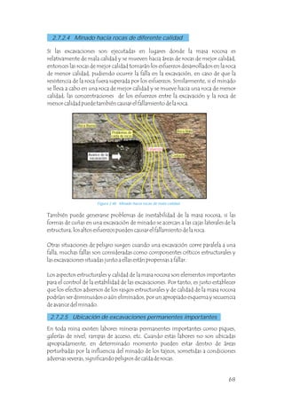 Si las excavaciones son ejecutadas en lugares donde la masa rocosa es
relativamente de mala calidad y se mueven hacia áreas de rocas de mejor calidad,
entonces las rocas de mejor calidad tomarán los esfuerzos desarrollados en la roca
de menor calidad, pudiendo ocurrir la falla en la excavación, en caso de que la
resistencia de la roca fuera superada por los esfuerzos. Similarmente, si el minado
se lleva a cabo en una roca de mejor calidad y se mueve hacia una roca de menor
calidad, las concentraciones de los esfuerzos entre la excavación y la roca de
menor calidad puede también causar el fallamiento de la roca.
Figura 2.48 Minado hacia rocas de mala calidad.
2.7.2.5 Ubicación de excavaciones permanentes importantes
2.7.2.4 Minado hacia rocas de diferente calidad
También puede generarse problemas de inestabilidad de la masa rocosa, si las
formas de cuñas en una excavación de minado se acercan a las cajas laterales de la
estructura, los altos esfuerzos pueden causar el fallamiento de la roca.
Otras situaciones de peligro surgen cuando una excavación corre paralela a una
falla, muchas fallas son consideradas como componentes críticos estructurales y
las excavaciones situadas junto a ellas están propensas a fallar.
Los aspectos estructurales y calidad de la masa rocosa son elementos importantes
para el control de la estabilidad de las excavaciones. Por tanto, es justo establecer
que los efectos adversos de los rasgos estructurales y de calidad de la masa rocosa
podrían ser disminuidos o aún eliminados, por un apropiado esquema y secuencia
de avance del minado.
En toda mina existen labores mineras permanentes importantes como piques,
galerías de nivel, rampas de acceso, etc. Cuando estas labores no son ubicadas
apropiadamente, en determinado momento pueden estar dentro de áreas
perturbadas por la influencia del minado de los tajeos, sometidas a condiciones
adversas severas, significando peligros de caída de rocas.
Roca Buena
Roca Mala
Contacto
Problemas de
caída de rocas
Esfuerzos
Avance de la
excavación
68
 